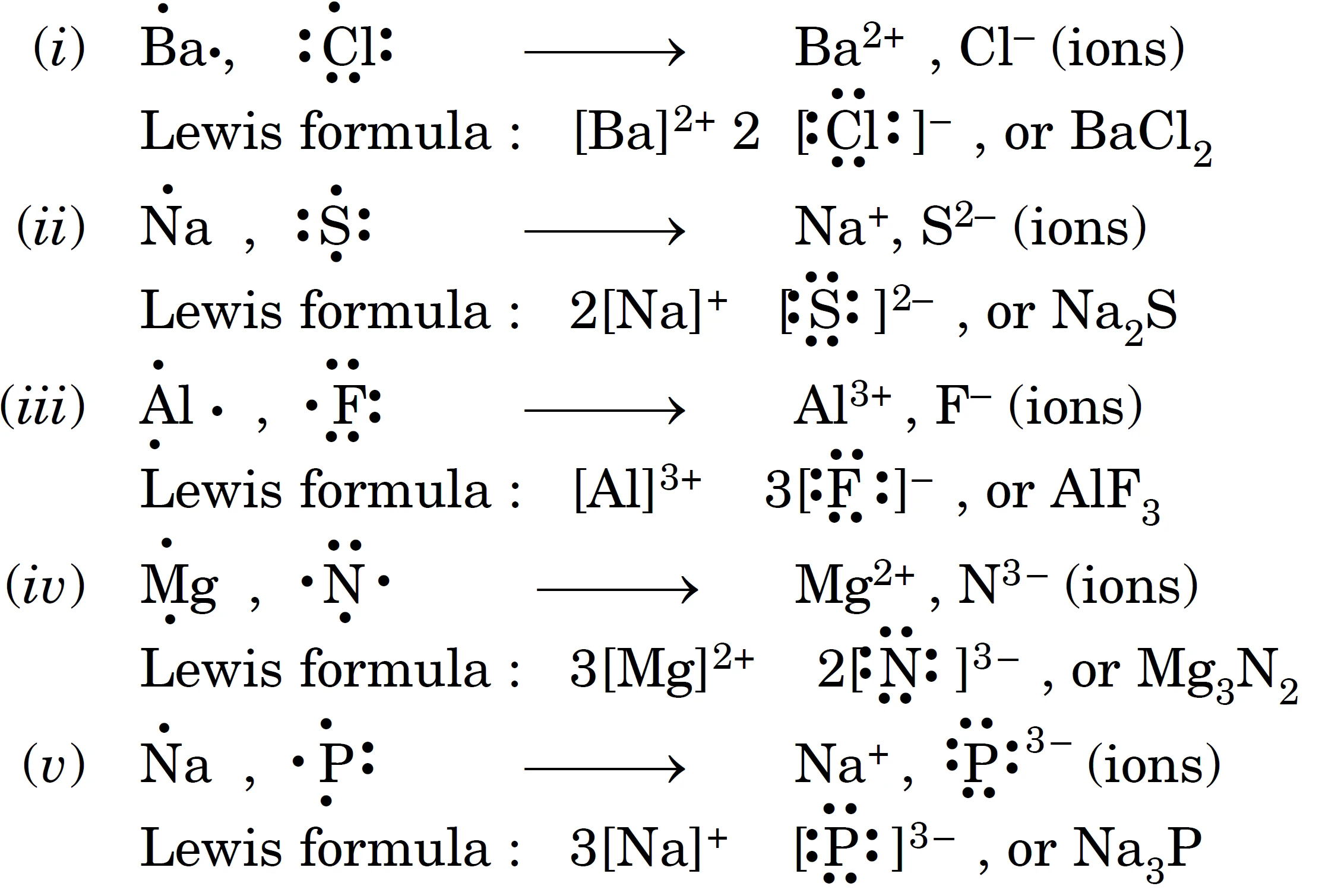 Lewis structures and empirical formulae for the ionic compounds formed between the following pairs of elements :
(i) Ba, Cl (ii) Na, S (iii) Al, F (iv) Mg, N (v) Na, P