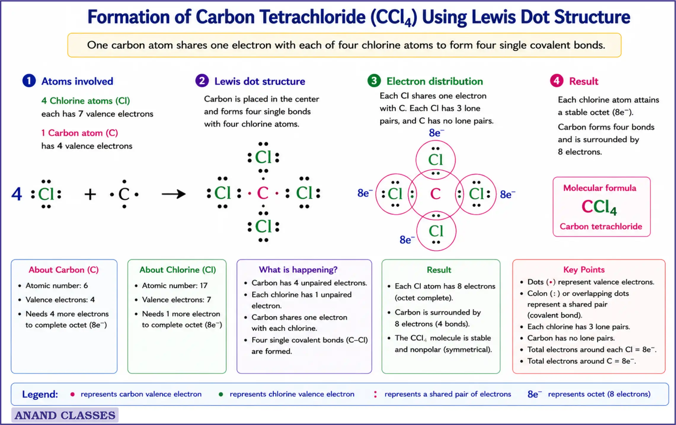 A carbon tetrachloride (CCl₄) molecule is formed by four single covalent bonds (C–Cl). Each chlorine atom has three lone pairs of electrons, while the carbon atom has no lone pairs.